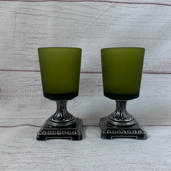 Green Frosted Glass Votive Candle Holders Set of 2 Square Metal Base 4 3/8" - Picture 4 of 16